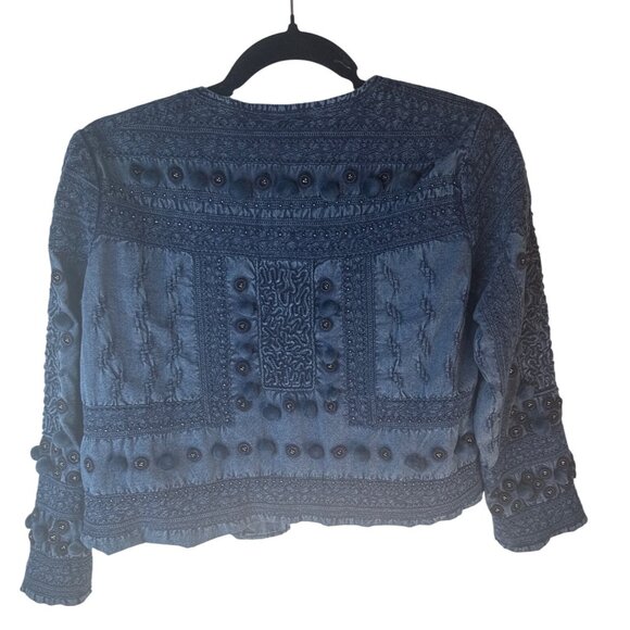 Neiman Marcus Womens Small Embroidered Cotton Jacket Midnight Blue - Picture 10 of 14